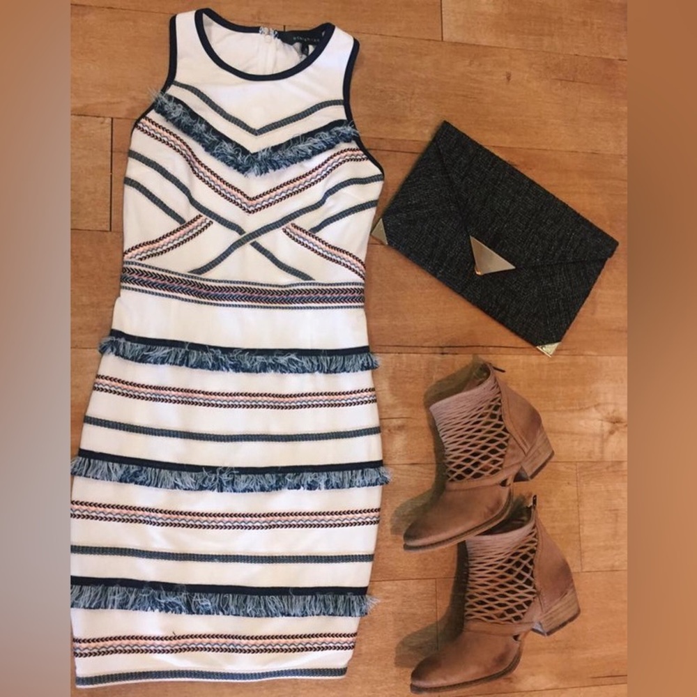Antropologie Adelyn Rae Embroidered Blue and White Fringe Sheath Dress - Picture 2 of 7